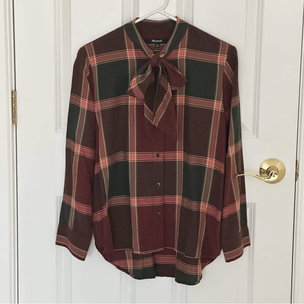 Madewell Plaid Tie Neck Shirt Size S